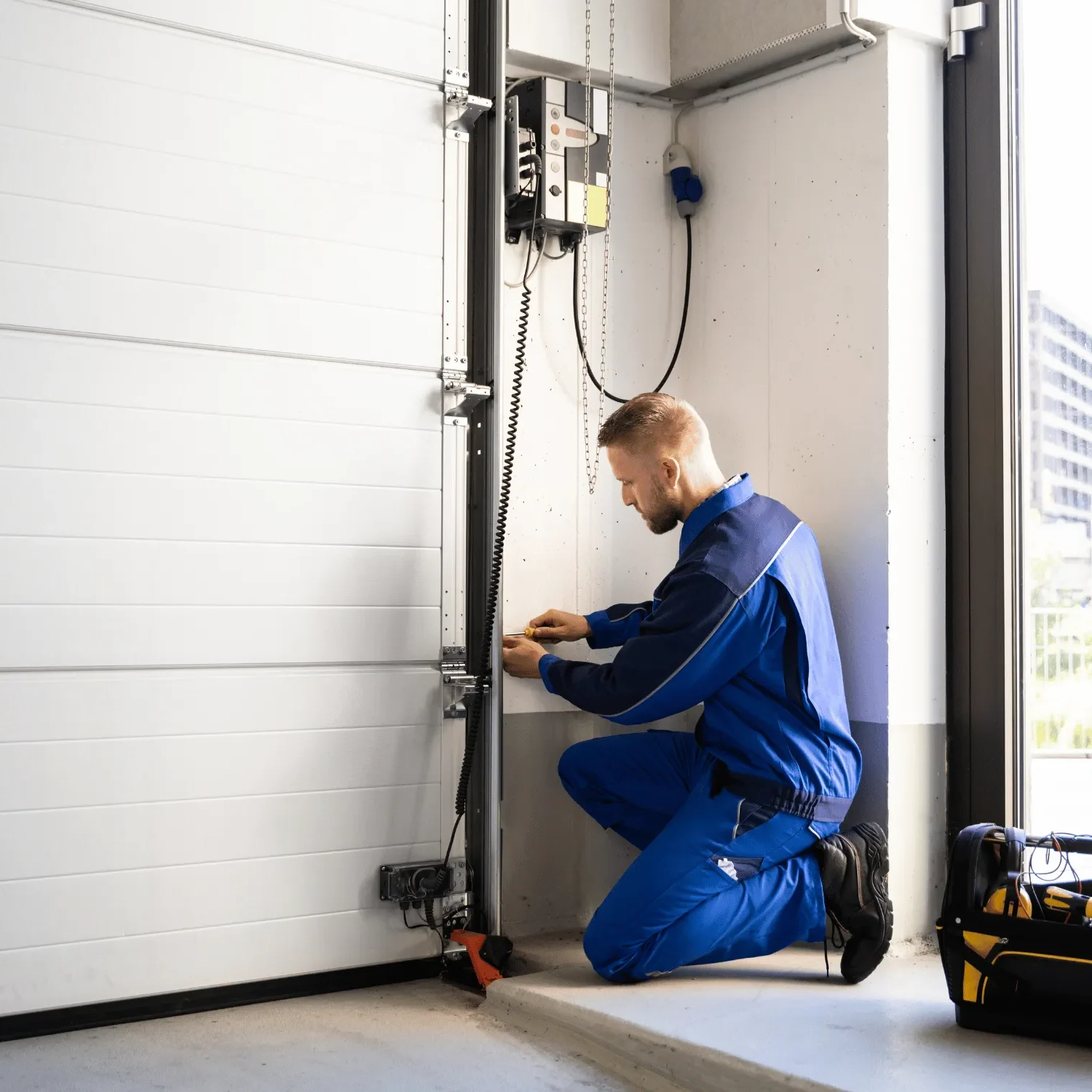 garage door track bracket repair services Las Vegas technician working